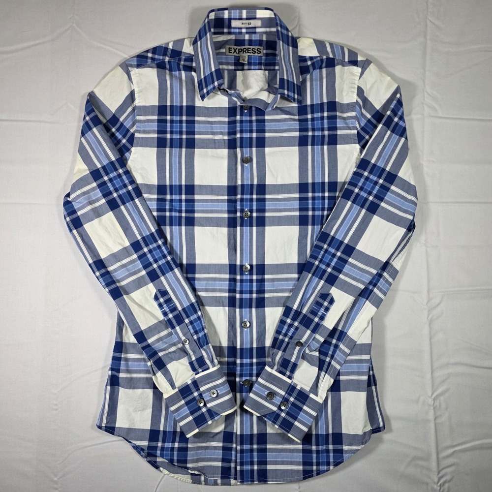 Express Mens Fitted Plaid Button Up Shirt Blue White XS 13-13.5 Long Sleeve